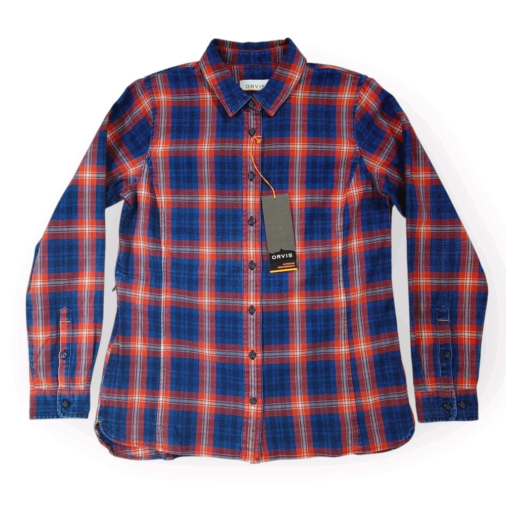 New Orvis Womens XS Indigo Tech Woven Shirt Blue UPF 20 Long Sleeve Plaid Button